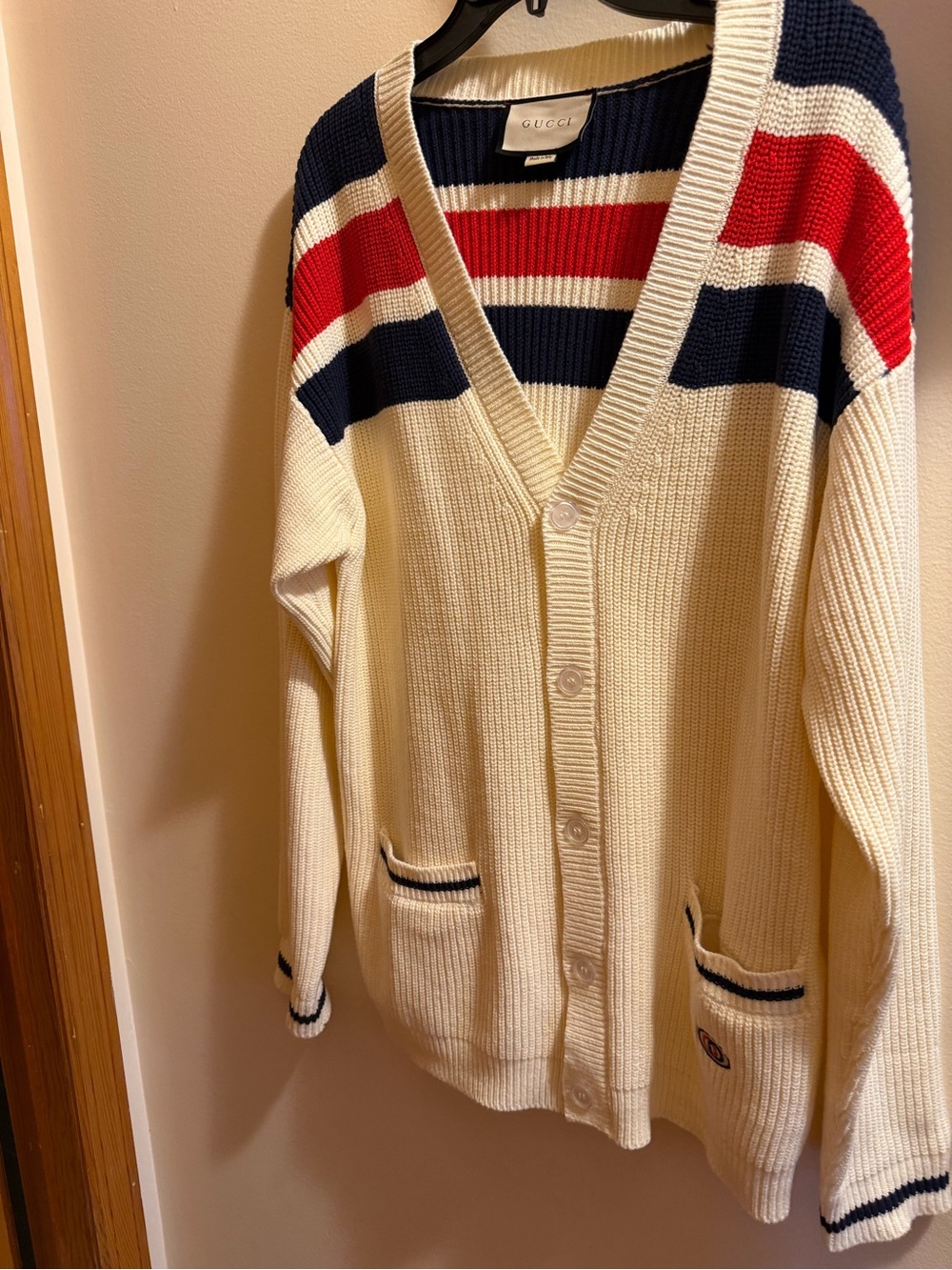 Gucci Cream Cardigan with Red & Navy Shoulder Stripes